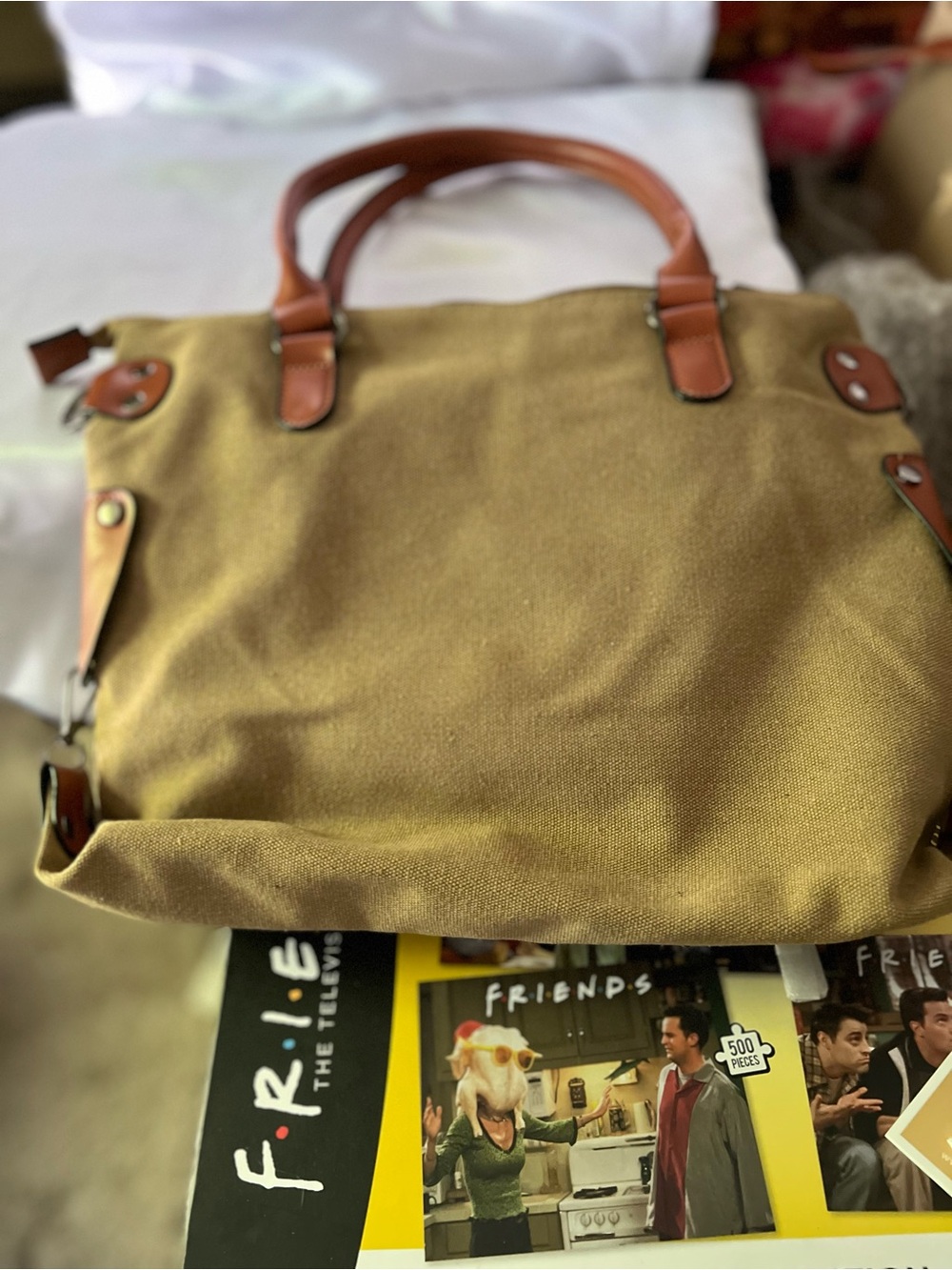 Paris Canvas Tote Bag with Brown Faux-Leather Handles - Picture 2 of 7
